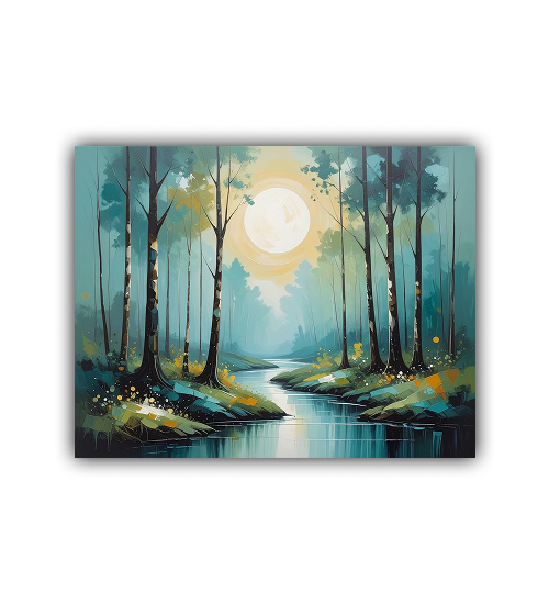 Colorful abstract misty forest river canvas wall art
