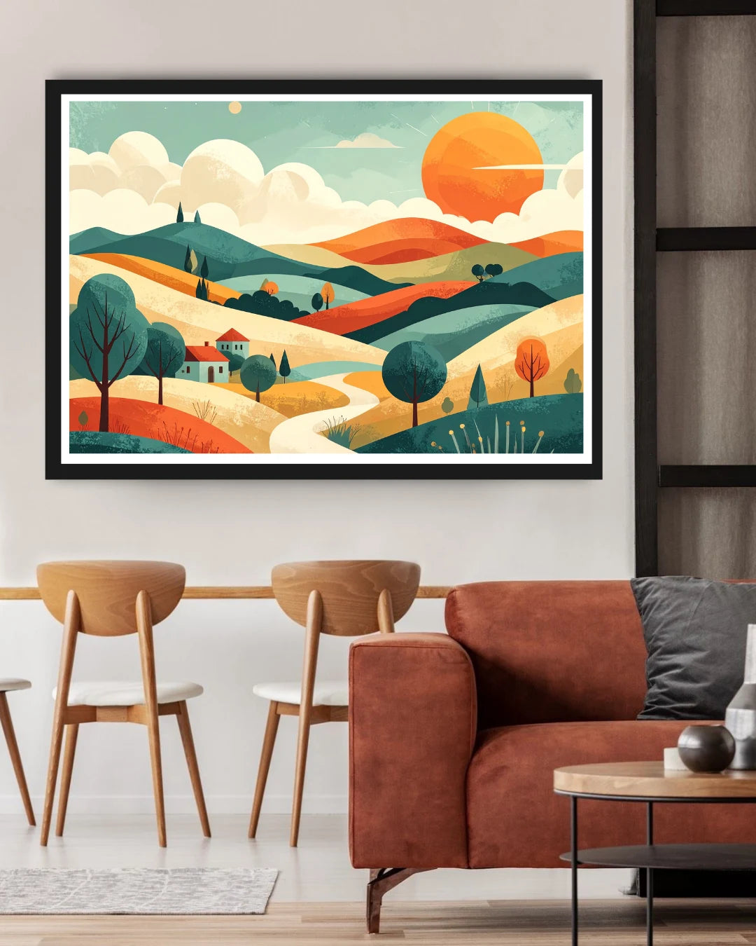 Abstract modern landscape sun canvas wall art in modern interior