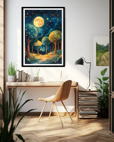 Abstract moonlit forest river canvas wall art in modern interior