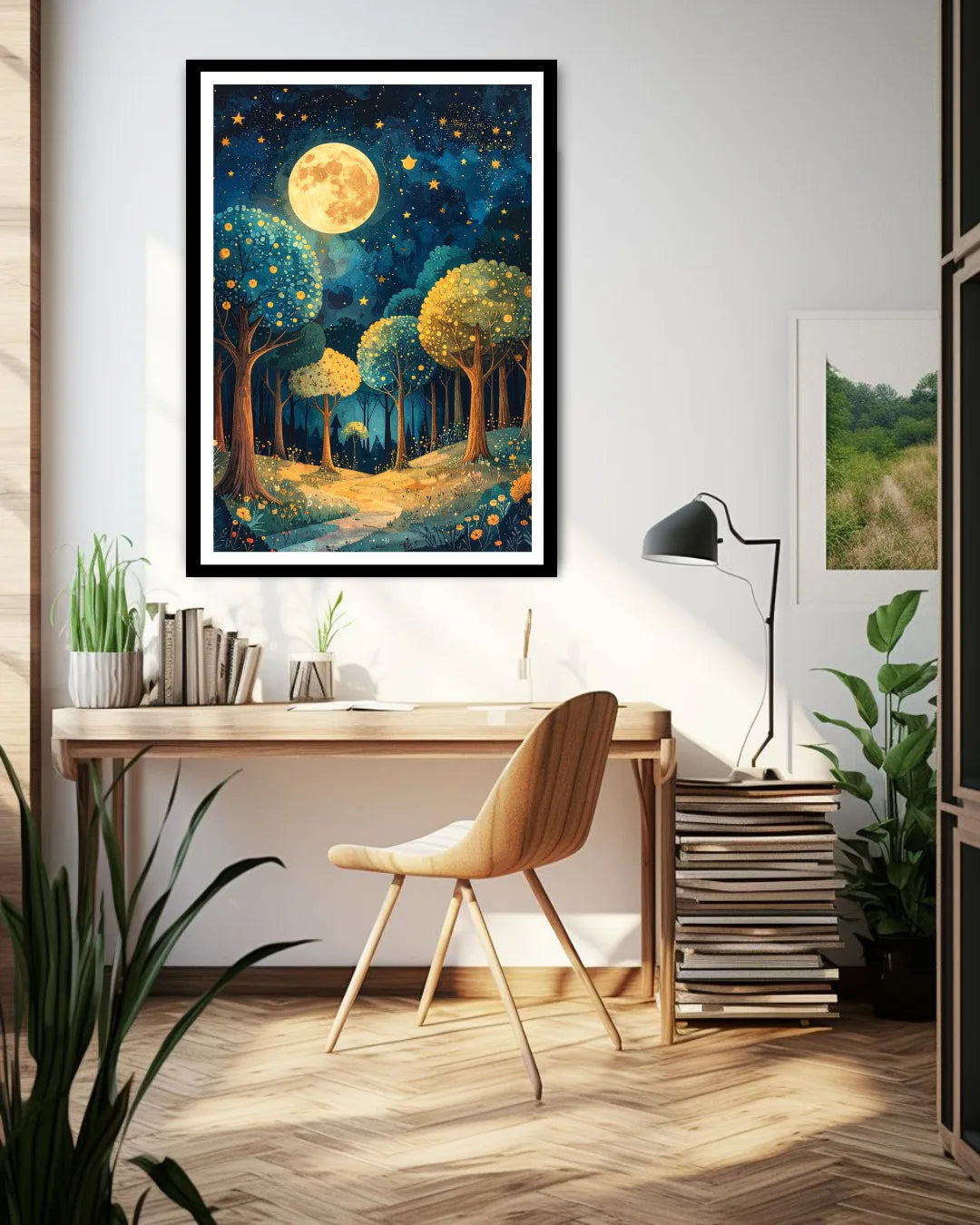 Abstract moonlit forest river canvas wall art in modern interior