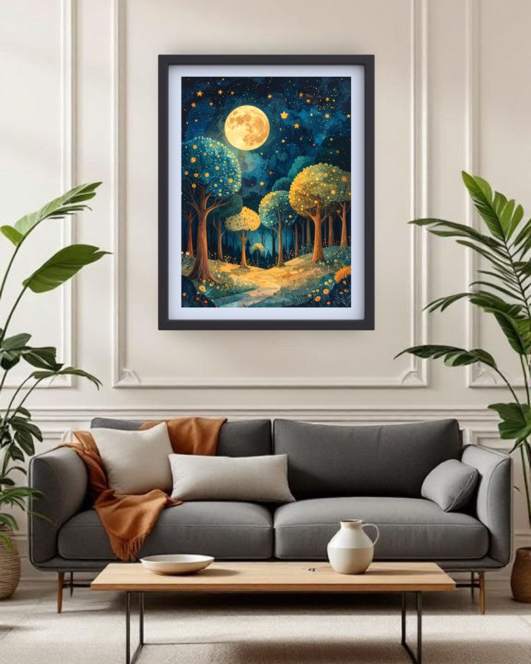 A framed art print depicting a whimsical forest scene under a full moon, displayed on a cream-colored wall above a modern gray sofa in a styled living room.