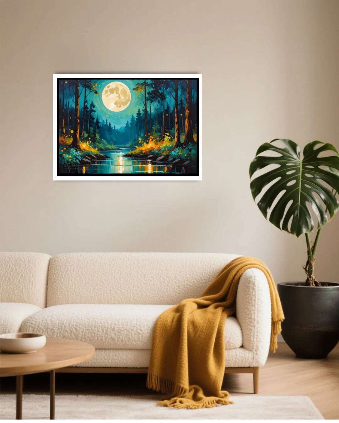 Abstract moonlit forest lake canvas wall art in modern living room