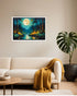 Abstract moonlit forest lake canvas wall art in modern living room