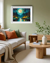 Abstract moonlit forest lake canvas wall art in modern home decor