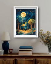 Abstract moonlit forest river canvas wall art in contemporary space