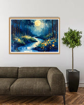 Abstract moonlit forest river canvas wall art in modern interior