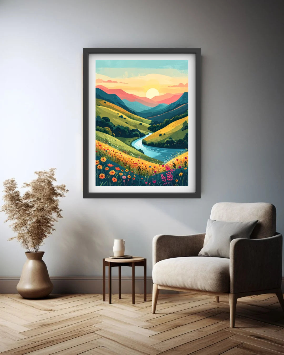 Abstract mountain river landscape canvas wall art in bedroom