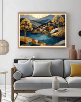 Abstract mountain river landscape canvas wall art in modern interior