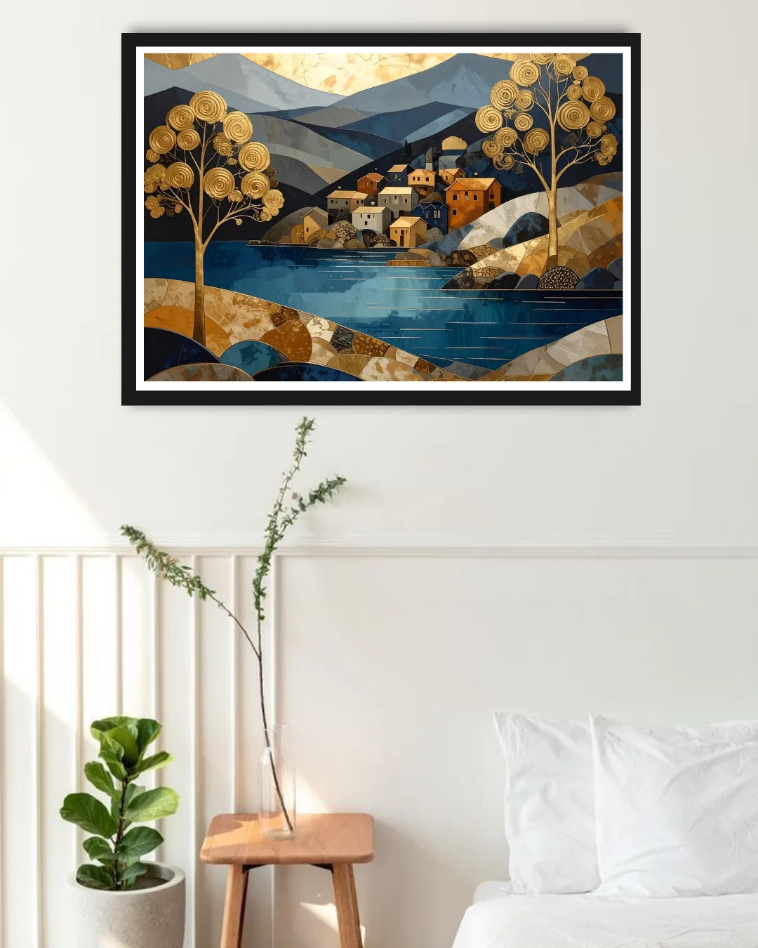 Abstract mountain river canvas wall art in bedroom interior