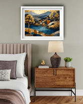 Abstract mountain river canvas wall art in bedroom interior