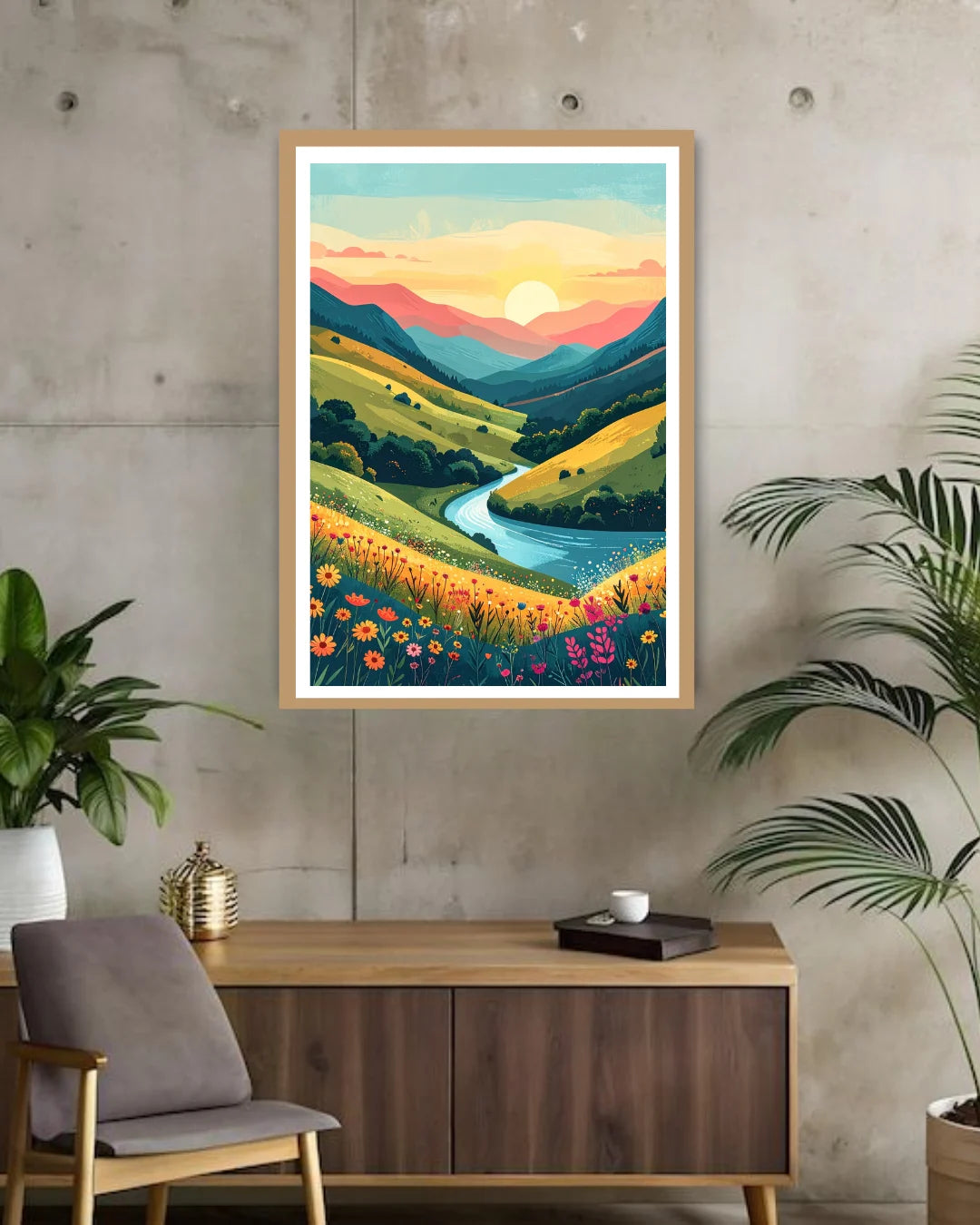 Abstract mountain valley river canvas wall art in modern interior