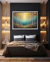 Abstract nature forest canvas wall art in bedroom interior