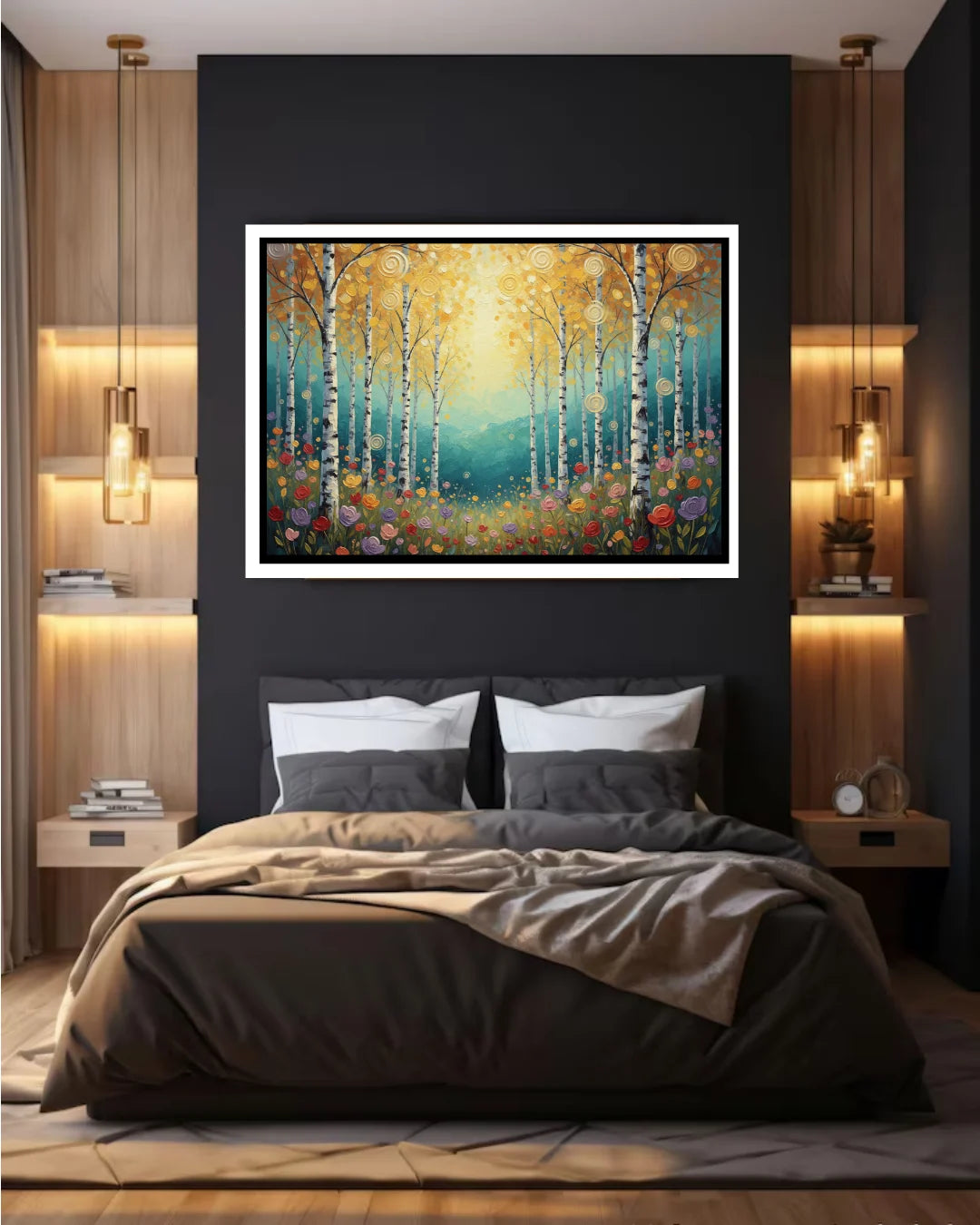 Abstract nature forest canvas wall art in bedroom interior