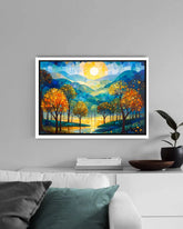 Framed abstract landscape painting on a wall above a white sofa.