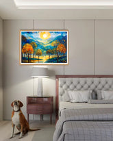 Dog sitting on the floor in a bedroom with a colorful landscape painting on the wall.