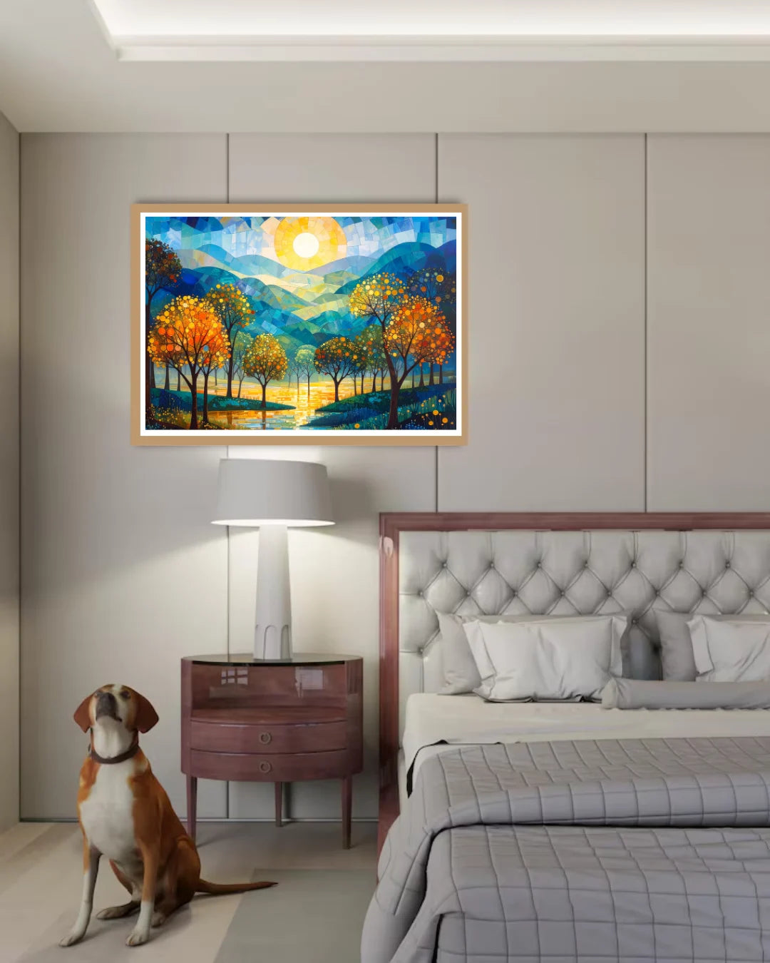 Dog sitting on the floor in a bedroom with a colorful landscape painting on the wall.