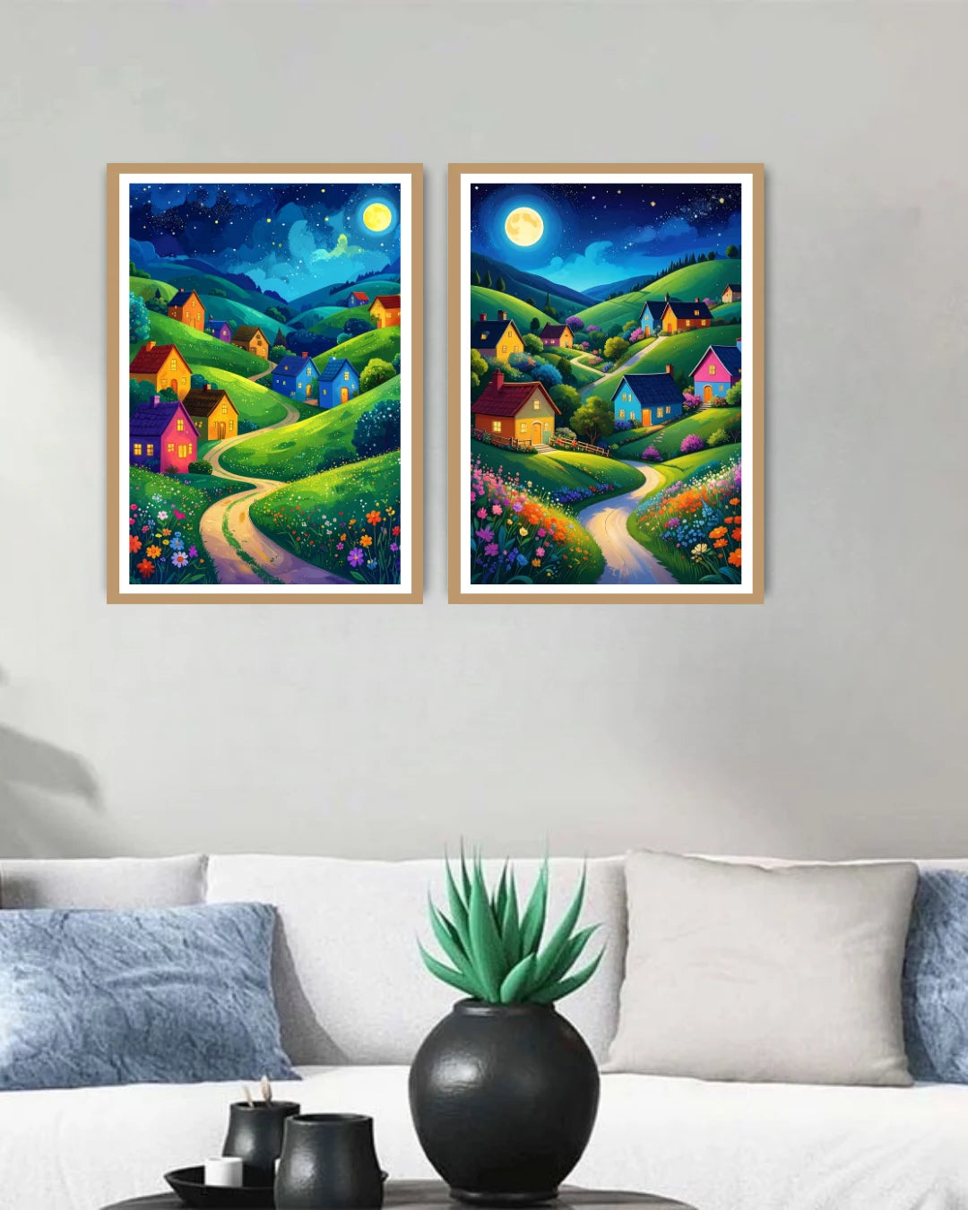 Abstract night hills canvas wall art set of 2 in modern interior