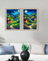 Abstract night hills canvas wall art set of 2 in modern interior