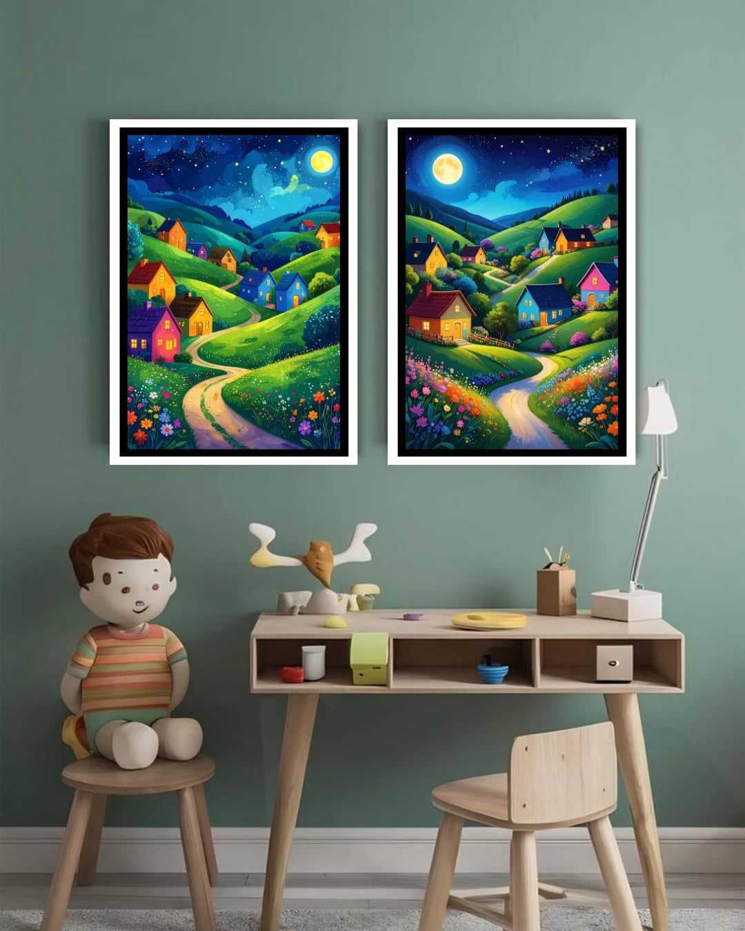 Abstract night landscape canvas wall art set in kids room