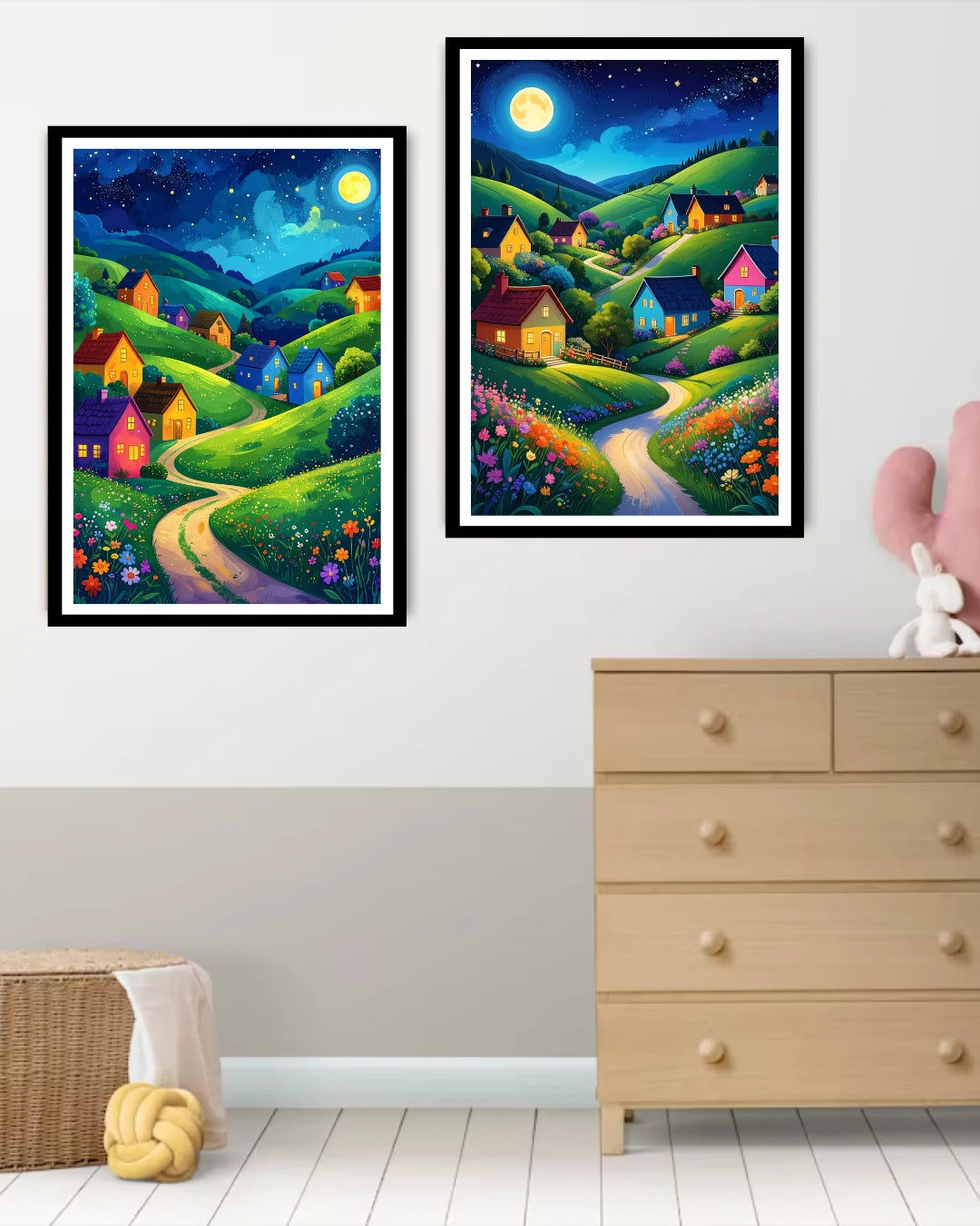 Abstract night hills canvas wall art set in bedroom