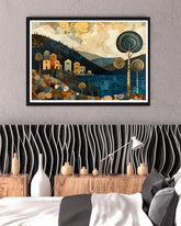 Abstract night hills canvas wall art in bedroom interior