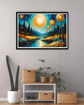 Abstract night landscape canvas wall art with moon and lake