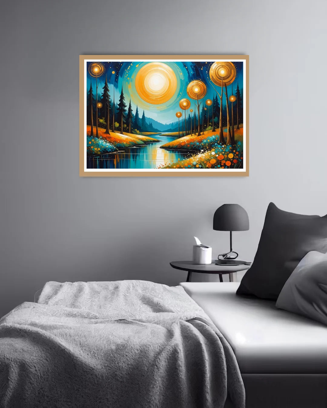 Abstract night landscape canvas wall art in bedroom interior
