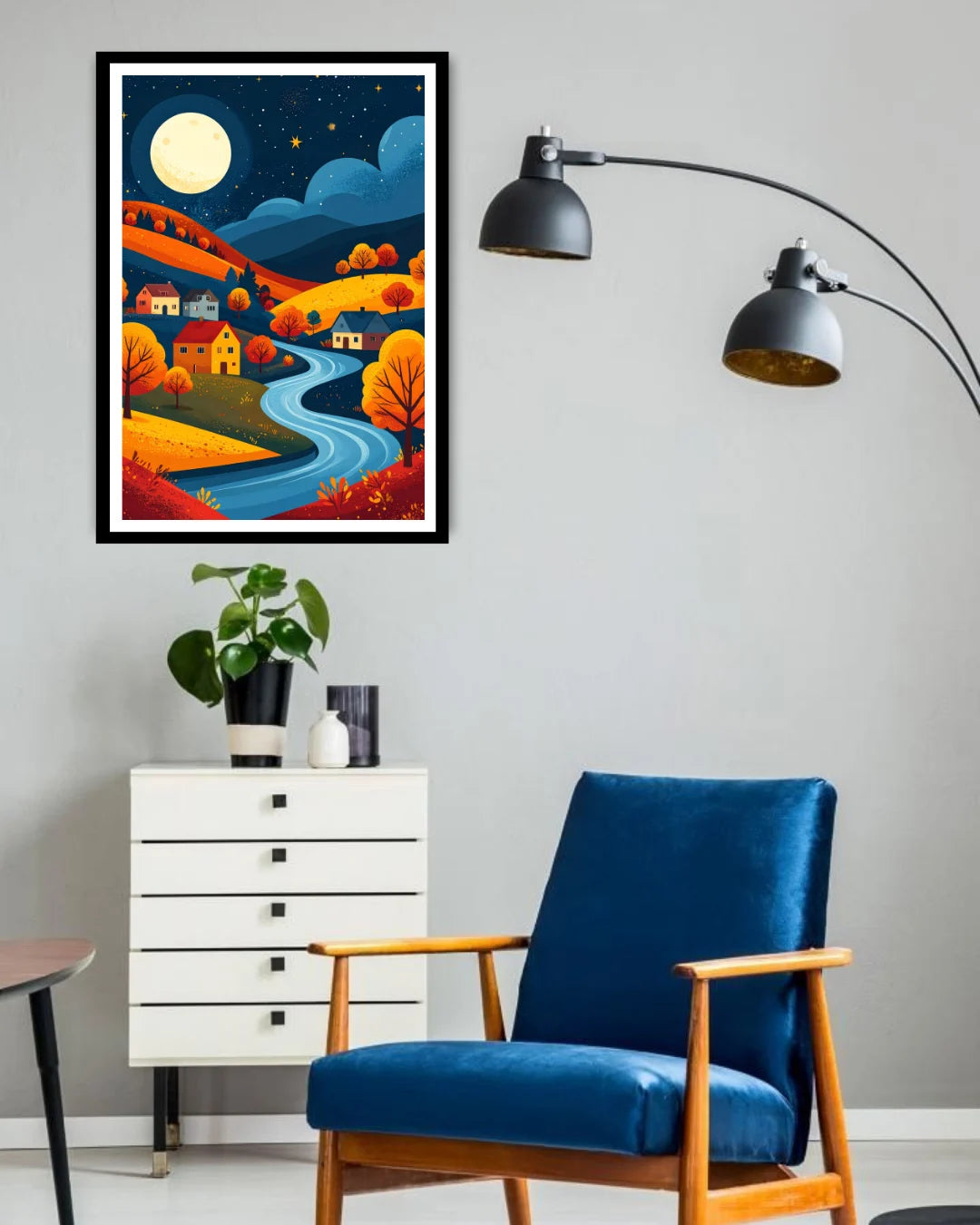Abstract night river landscape canvas wall art in modern living room