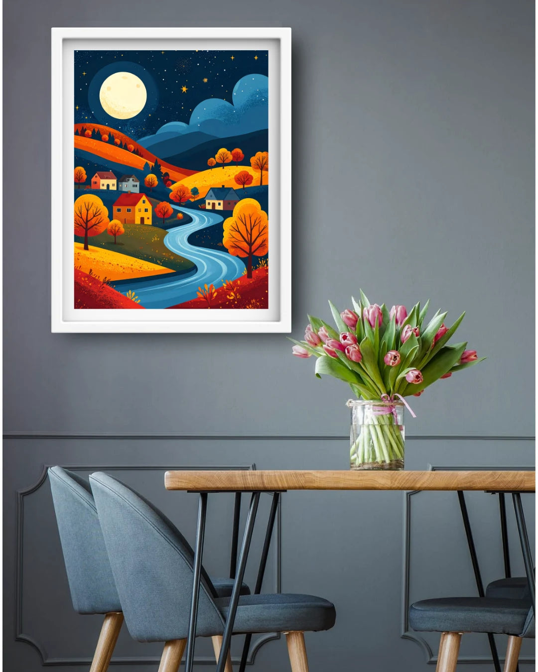 Abstract night river landscape canvas wall art in home office
