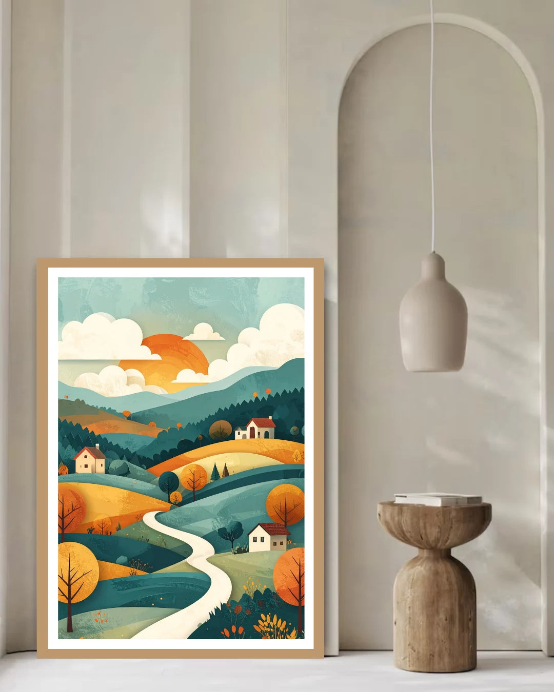 Abstract pastel hills river canvas wall art in modern interior