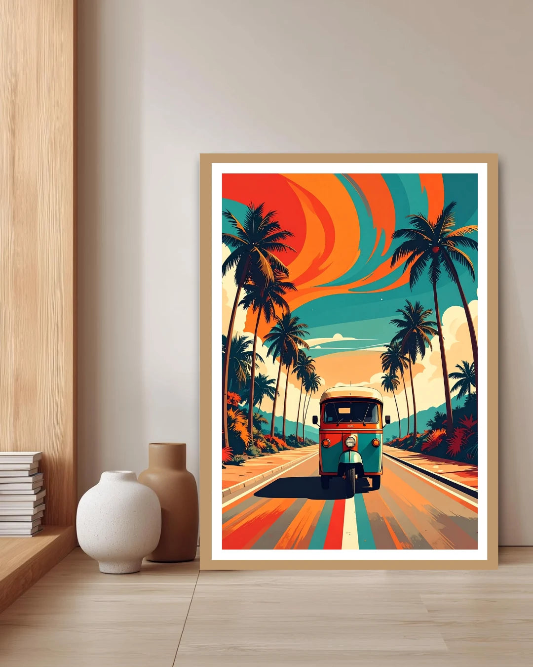 Abstract retro travel road canvas wall art in modern interior