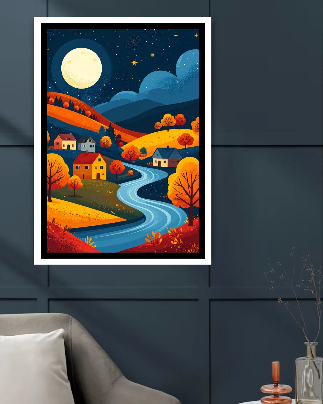 Abstract night river canvas wall art in contemporary interior