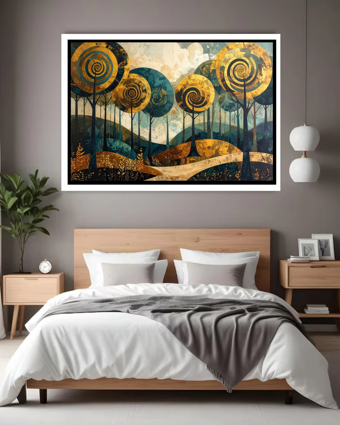 Abstract spiral tree canvas wall art in bedroom interior