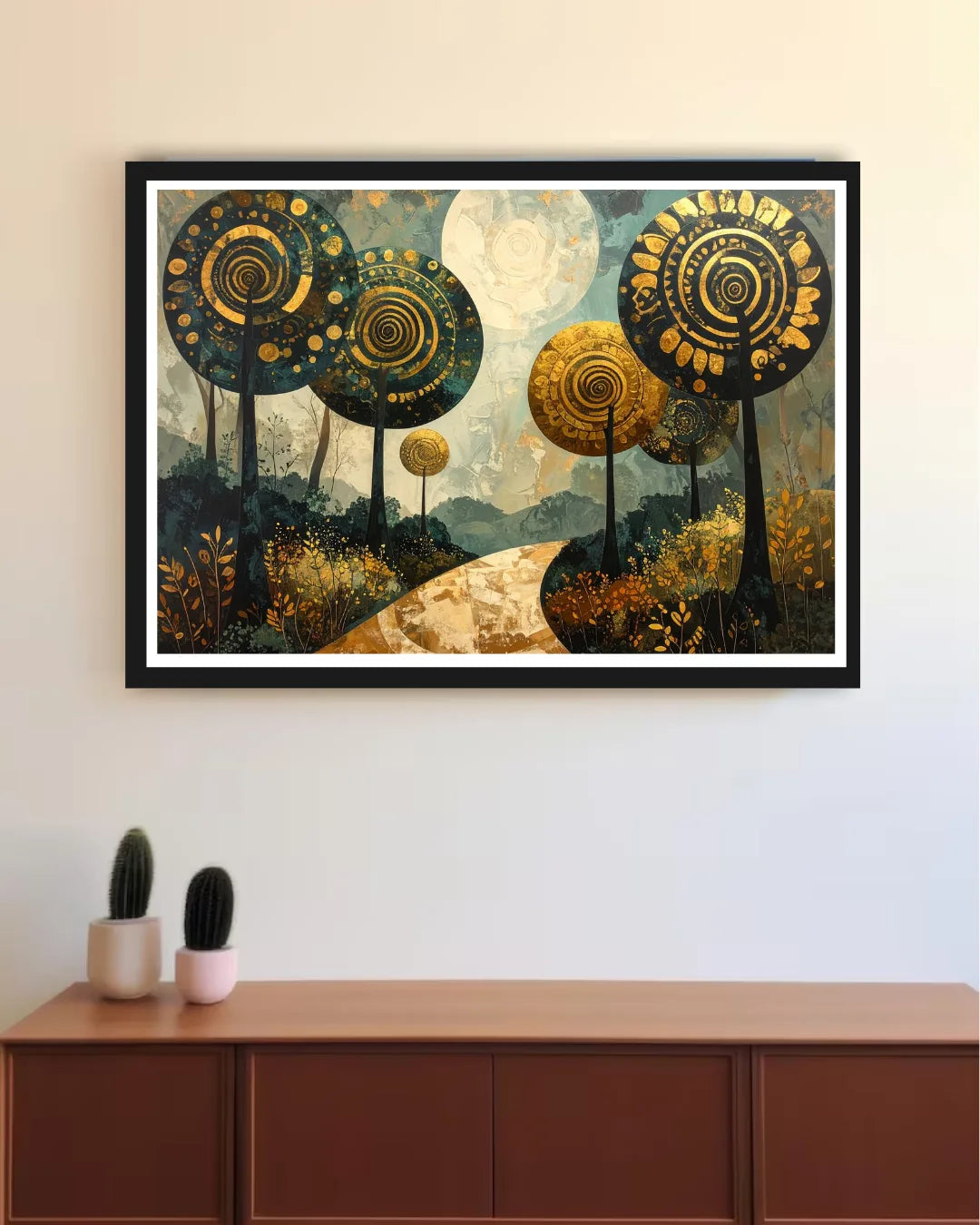 Abstract spiral tree sun landscape canvas wall art in modern living room