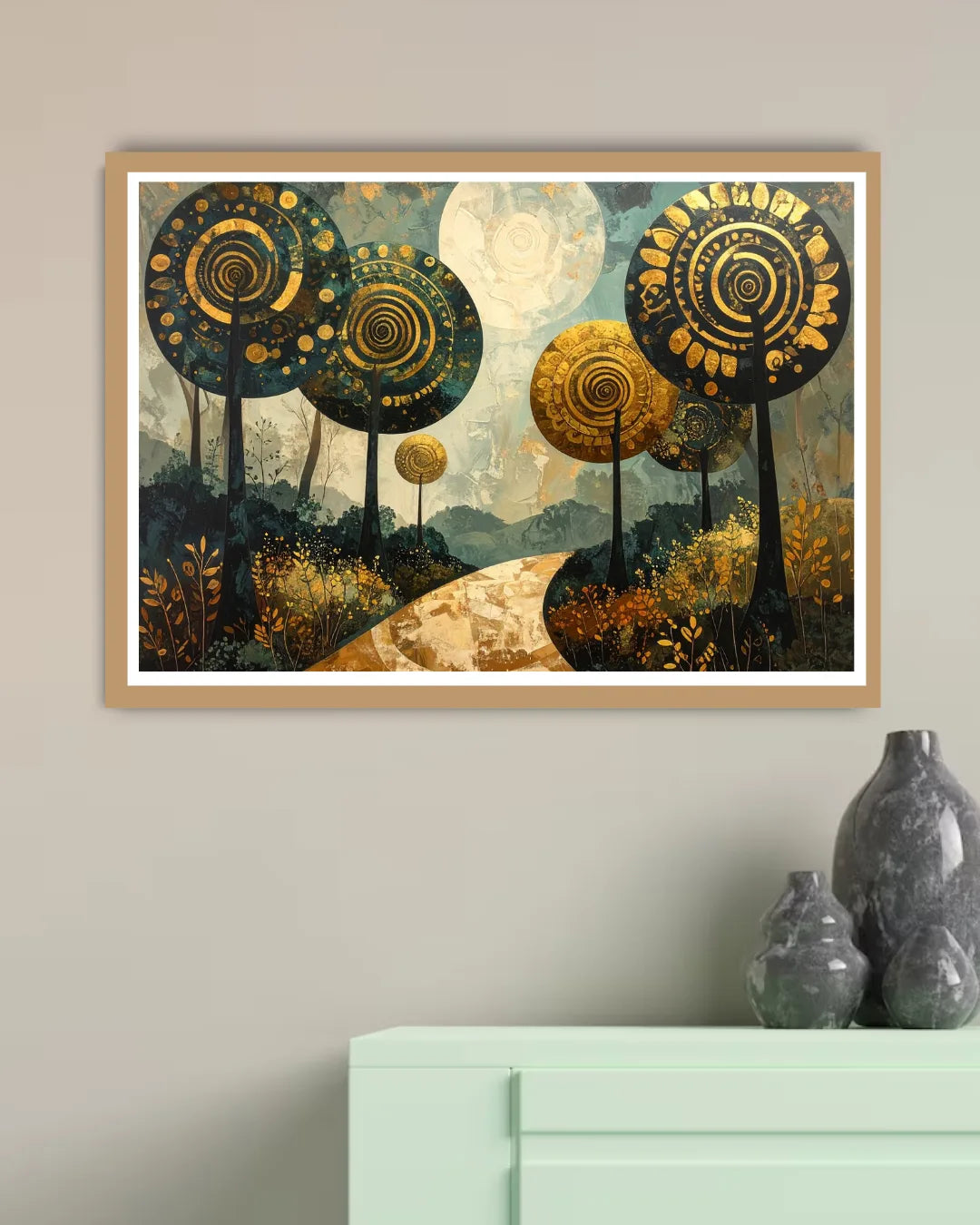 Abstract tree landscape canvas wall art with circular sun design