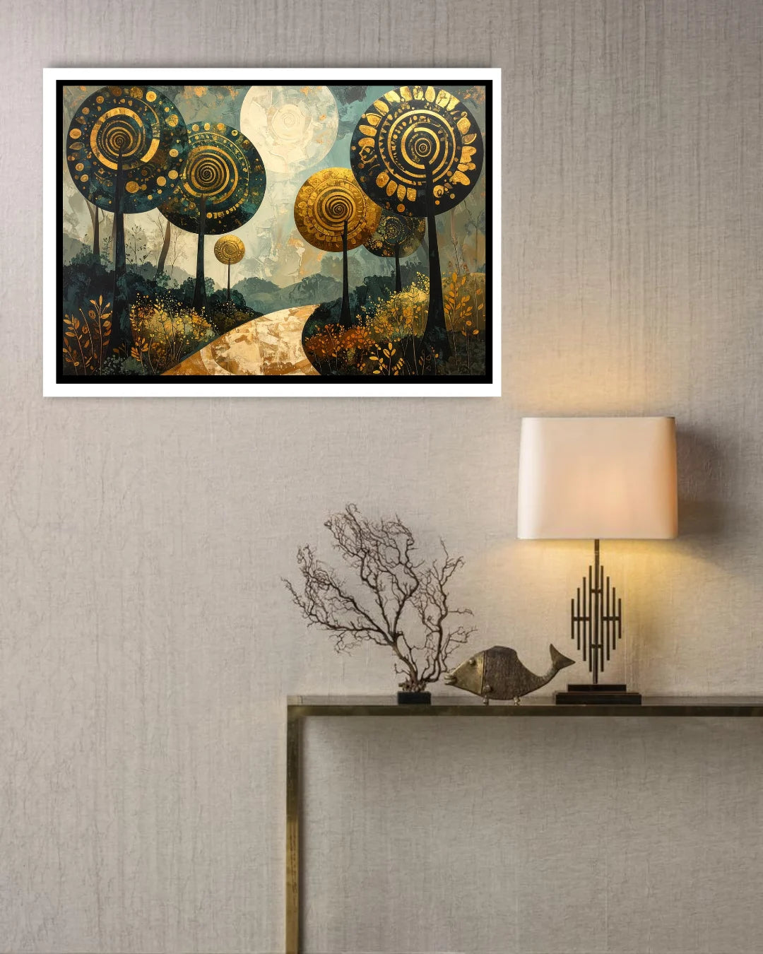 Abstract spiral tree canvas wall art in contemporary interior