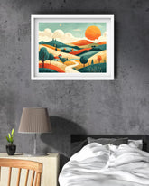 Abstract landscape sun canvas wall art in bedroom interior