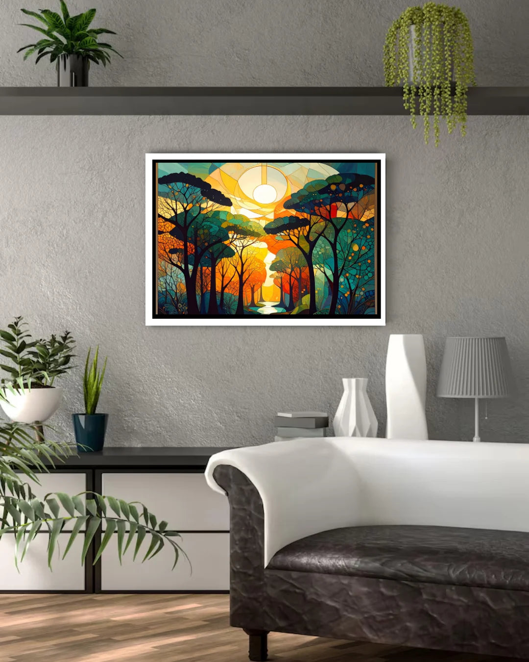 Abstract sunset forest canvas wall art in modern interior