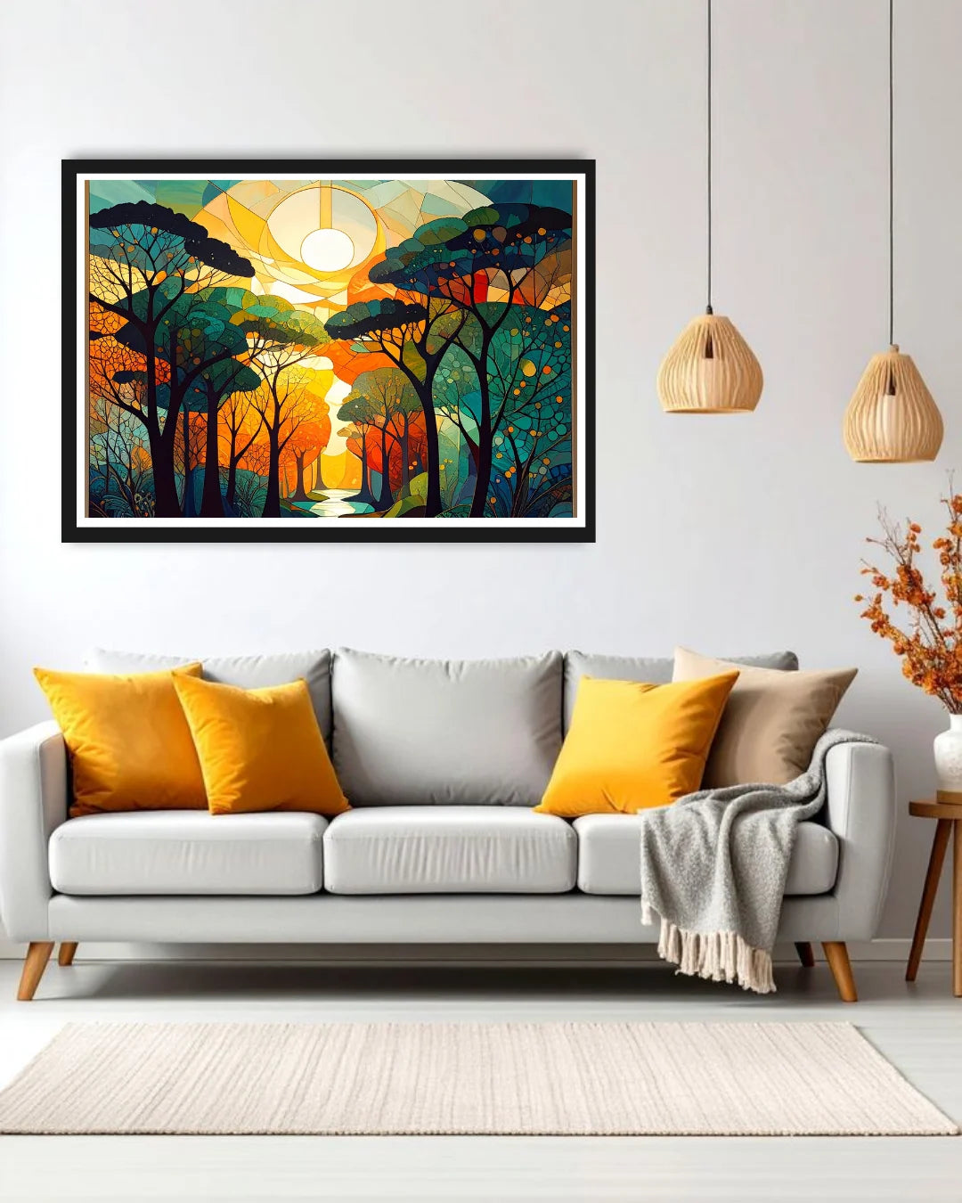 Abstract sunset forest canvas wall art in contemporary space