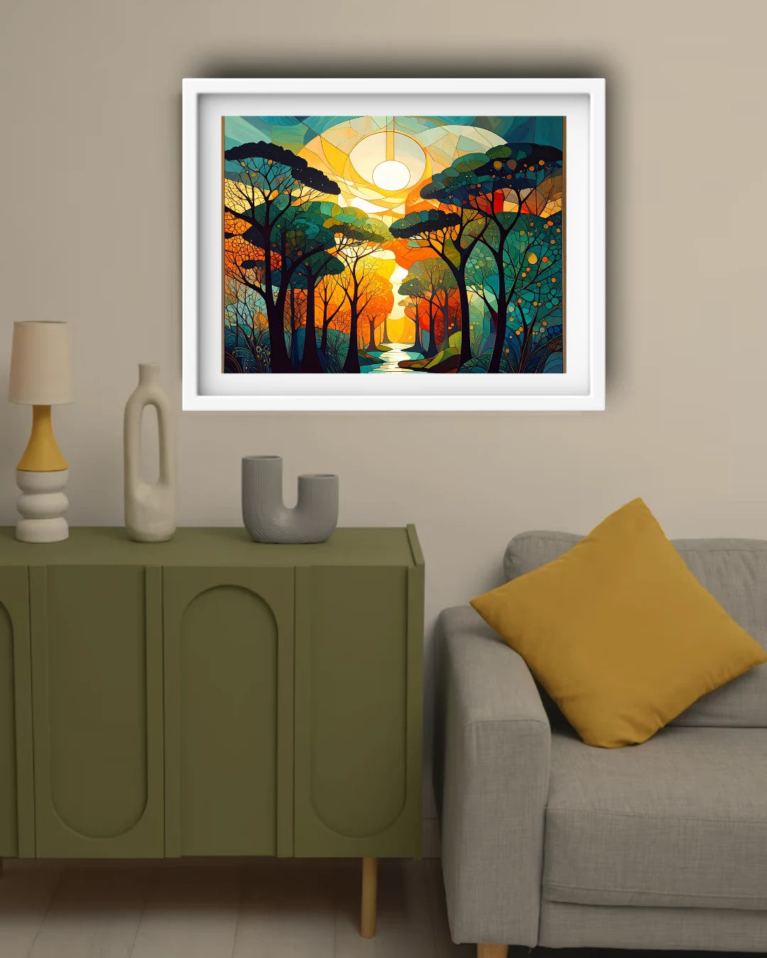 Abstract sunset forest canvas wall art in modern room