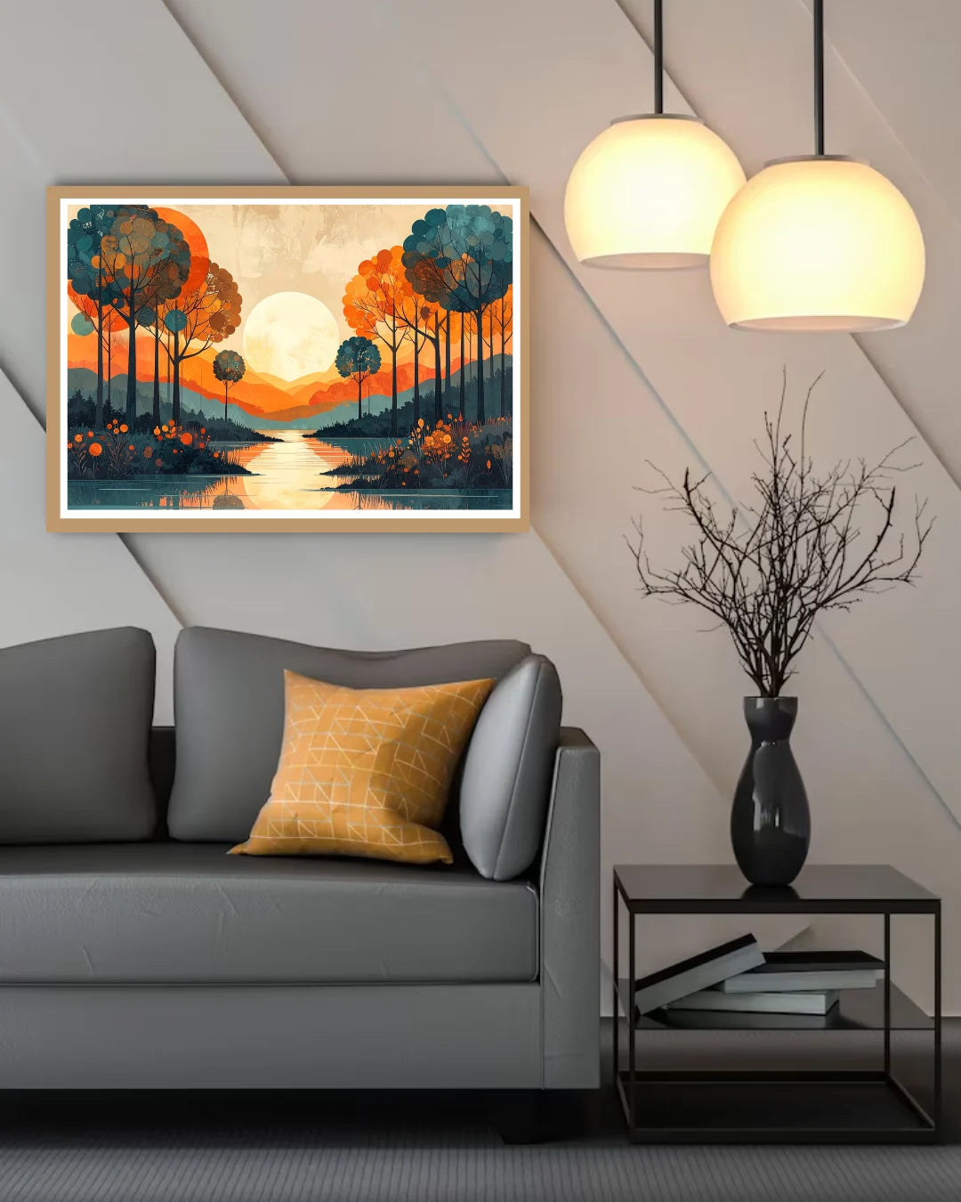 Abstract symmetrical tree landscape canvas wall art in modern living room