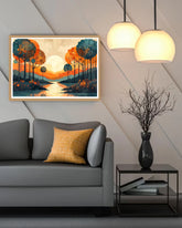 Abstract symmetrical tree landscape canvas wall art in modern living room
