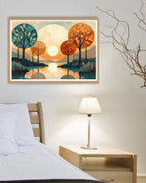 Abstract twin tree reflection landscape canvas wall art in modern interior
