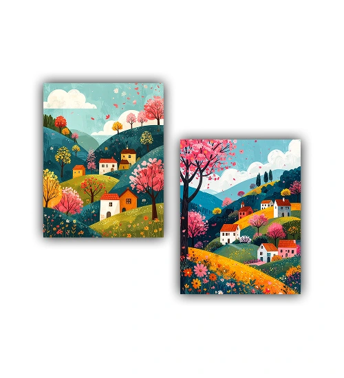 Abstract village scenery canvas wall art set in contemporary space
