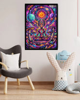 Colorful abstract art print of a meditating figure with celestial elements on a wall.