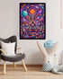 Colorful abstract art print of a meditating figure with celestial elements on a wall.
