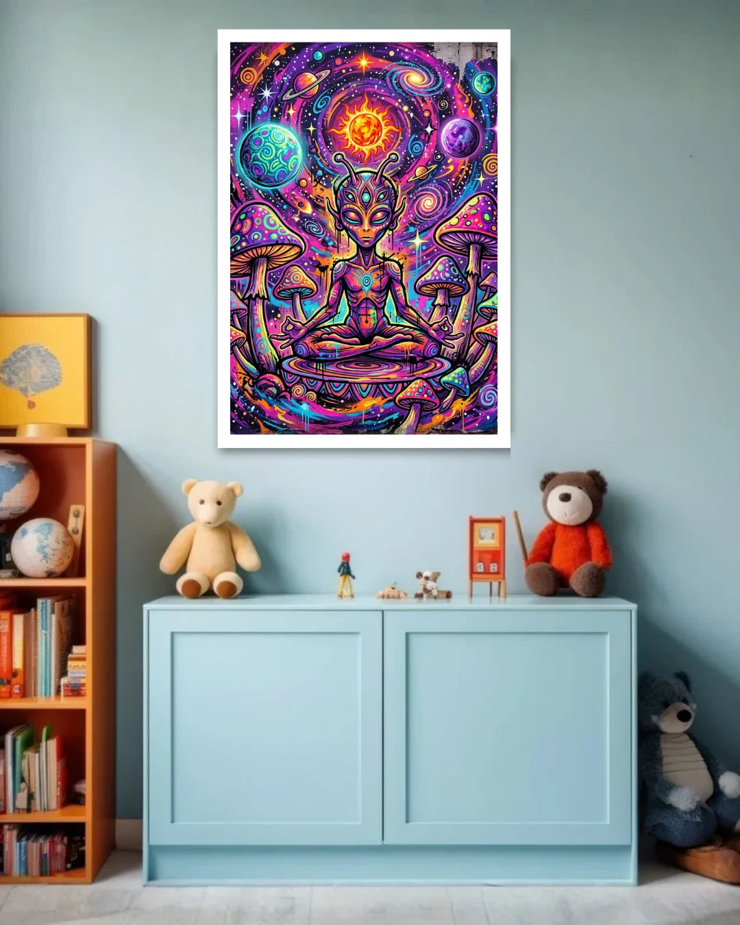 Colorful alien artwork on a wall above a light blue cabinet with toys.