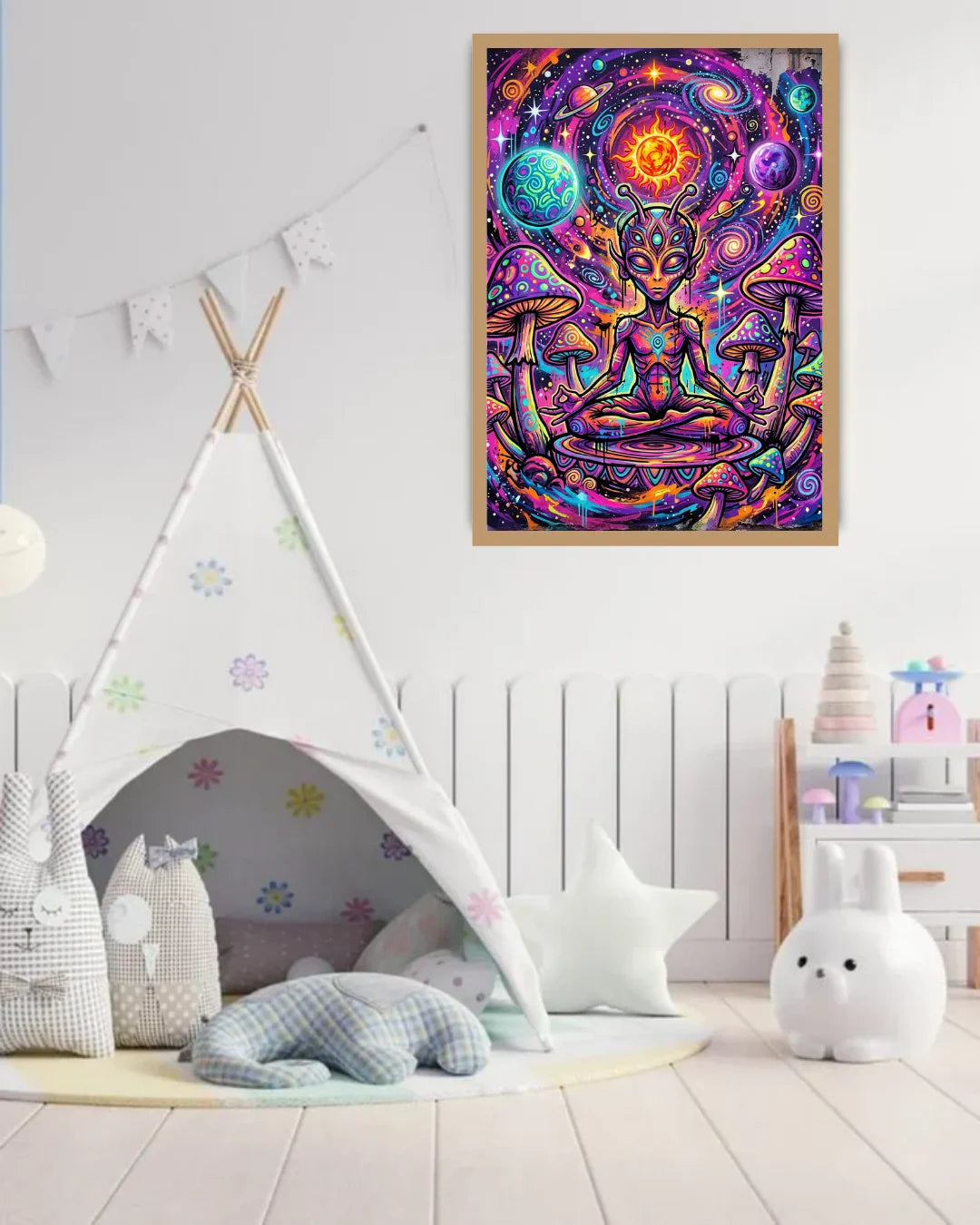 Colorful abstract painting of a meditating figure with celestial elements in a child&