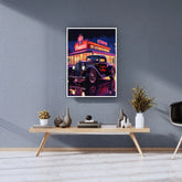 Neon retro car night city wall art canvas painting
