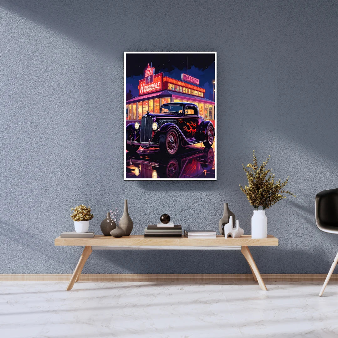 Neon retro car night city wall art canvas painting
